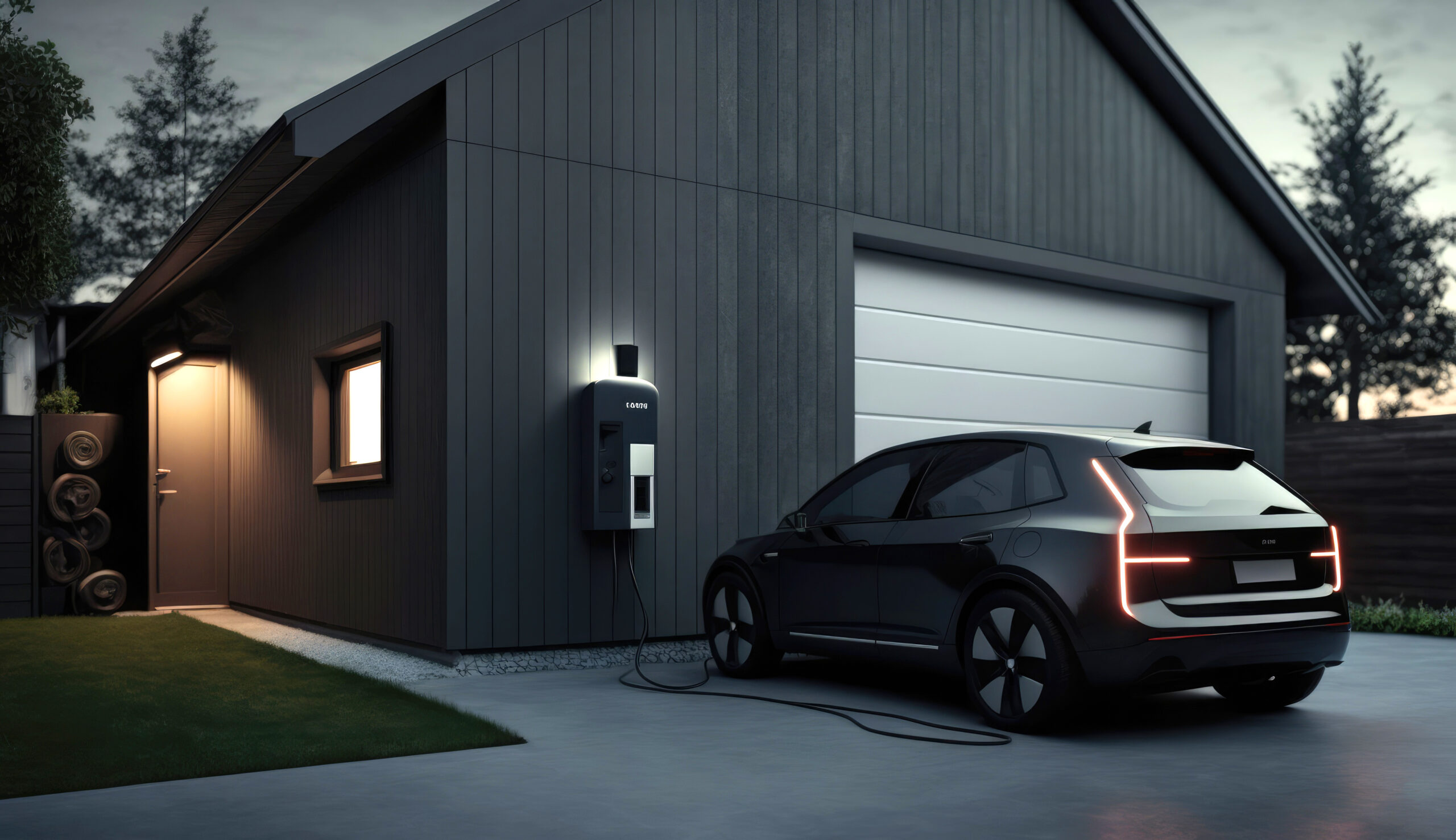 An electric car charging outside a modern home at dusk