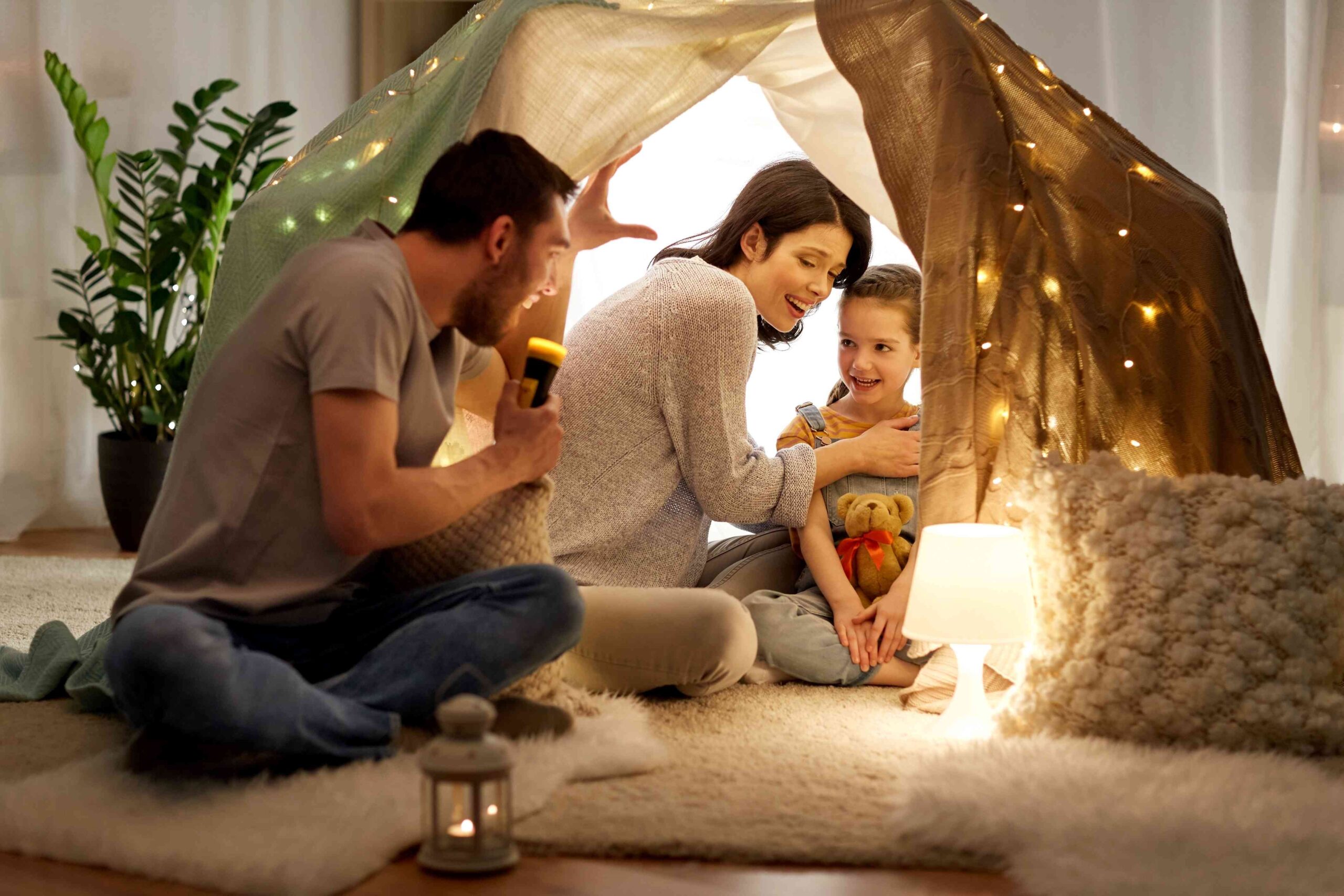 Family camping out inside