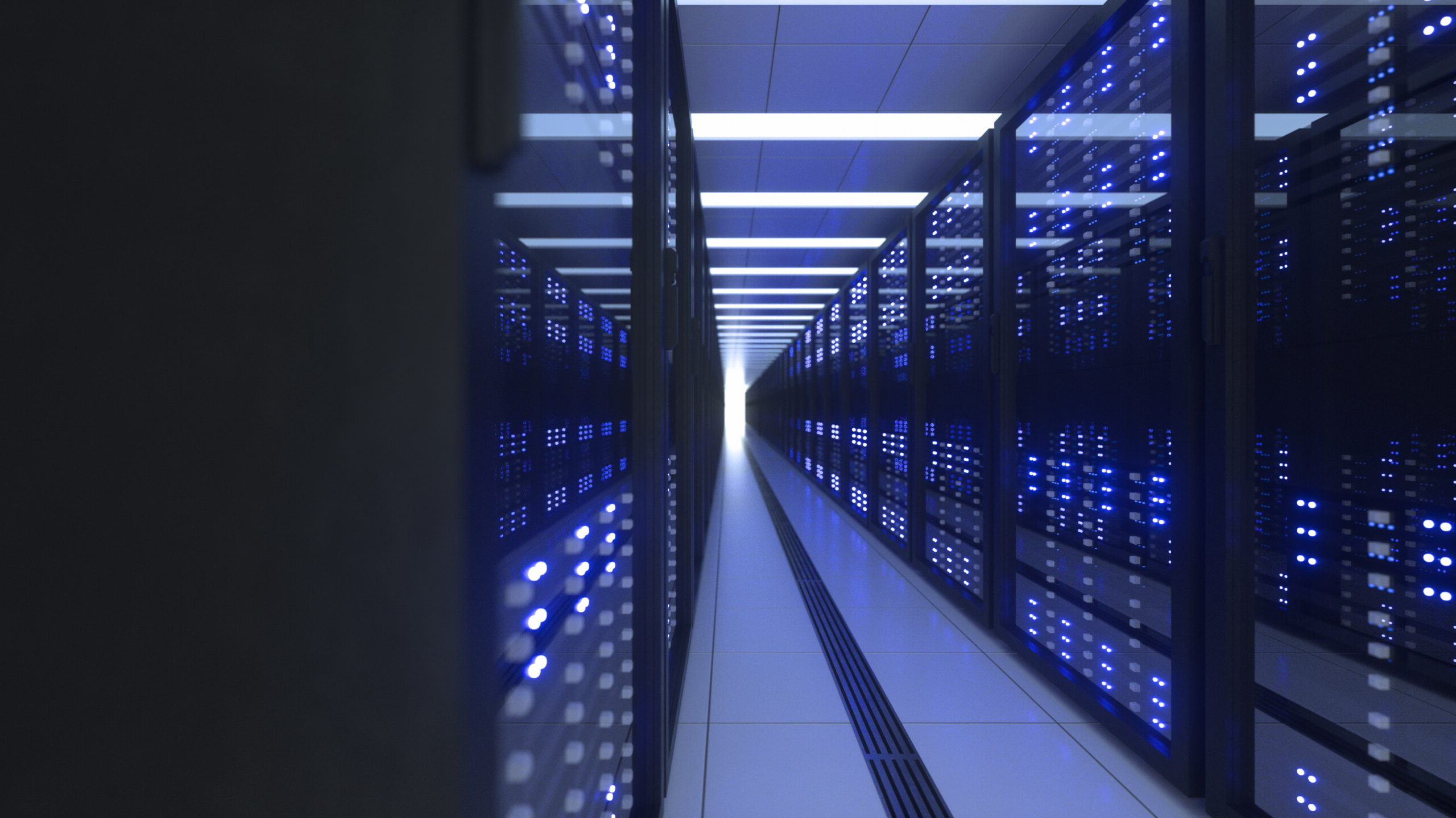 Data center computer racks network security server room cryptocurrency mining farm hosting storage connected dots programming code binary concept 3d render dark blue scaled e1749149565174