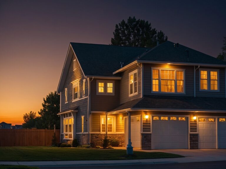 A texas home with its lights on at dusk