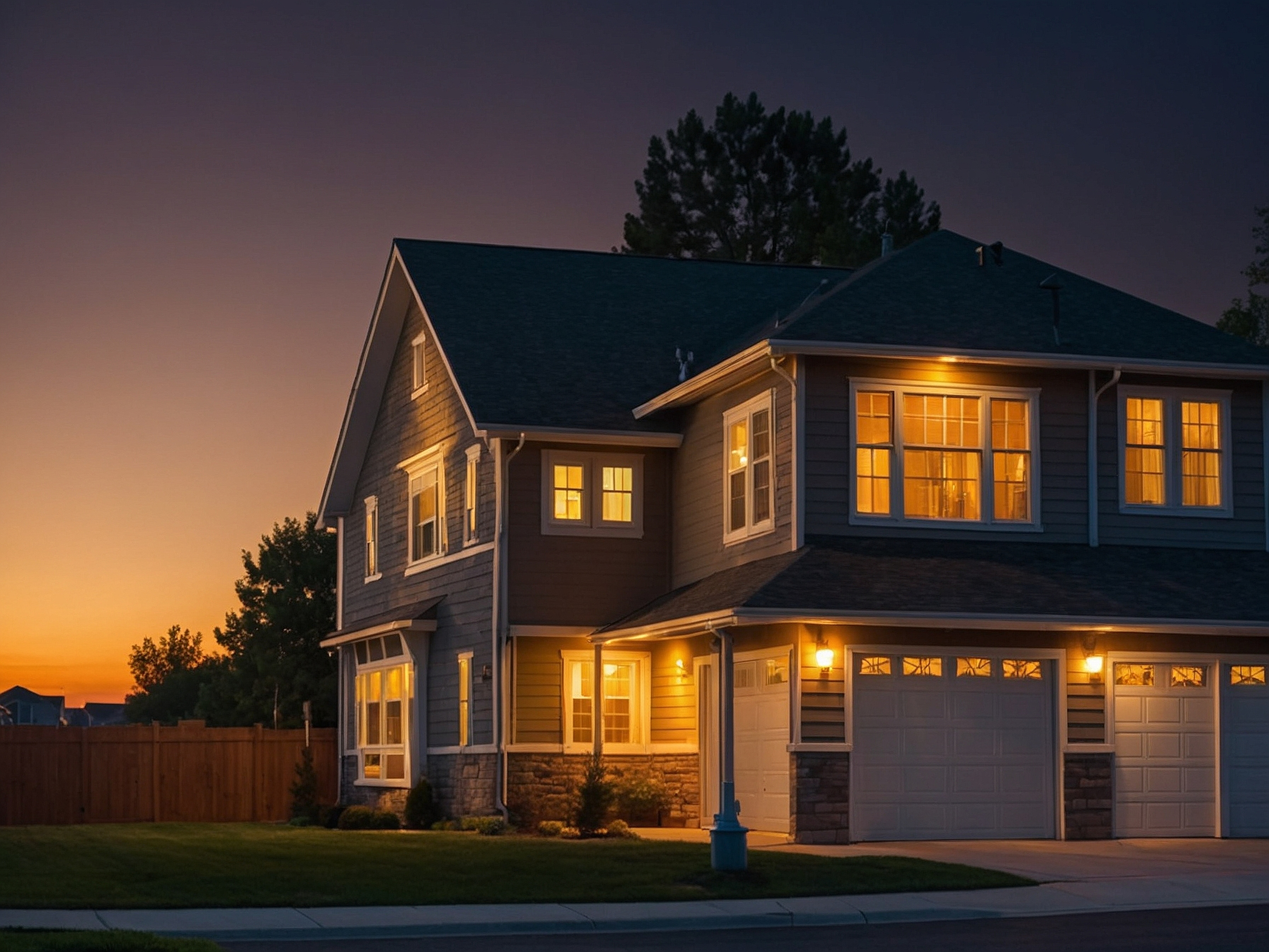 House with garage door that has lights