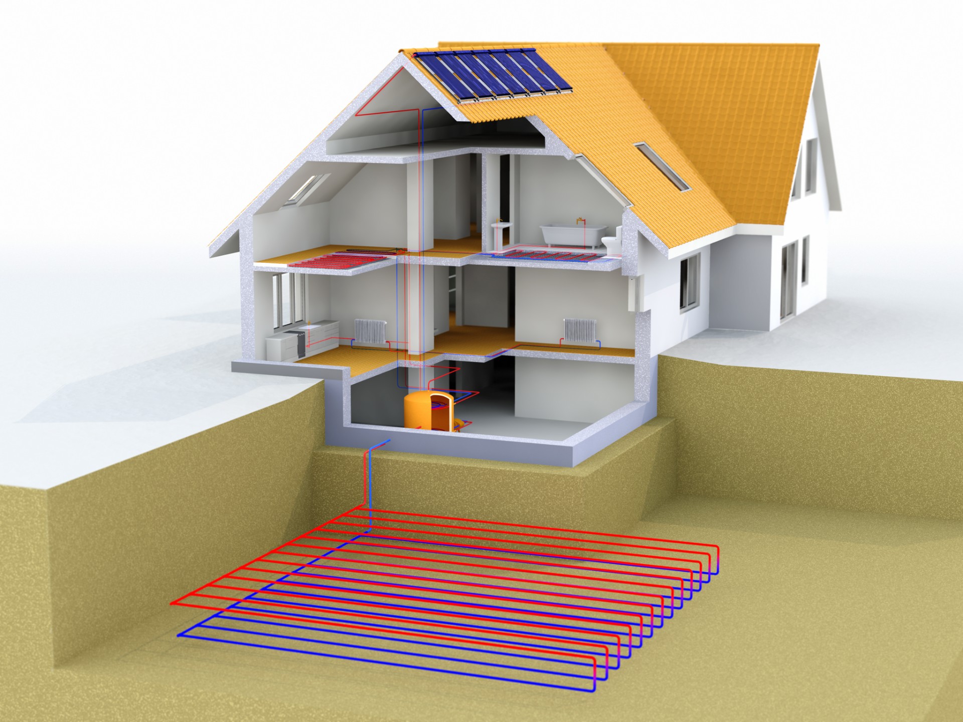 Home with a geothermal heating and cooling system