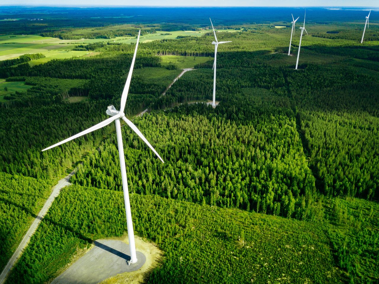 Could Renewable Energy Completely Replace Fossil Fuels? 2 Wind turbines green field