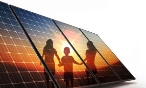 Isolated Photovoltaic cells, children walking hand in hand